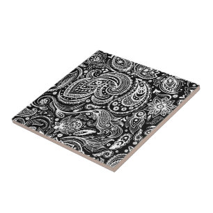 Weiß und Schwarz Vintag Floral Paisley Damasks Fliese