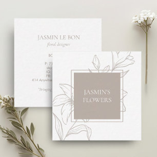 Weiß und Taupe   Chic Floral Label Quadratische Visitenkarte