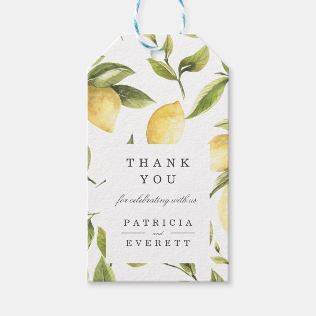 Weiß | Zitronen und grüne Blätter Hochzeit danke Geschenkanhänger (Vorderseite)