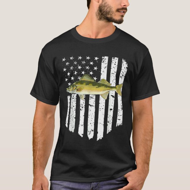Weißamerikanische Flagge Walleye 4. Juli Fisch T-Shirt (Vorderseite)