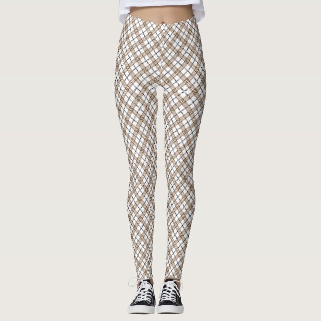 Weißbeige schwarze diagonale, karierte Muster Leggings (Vorderseite)