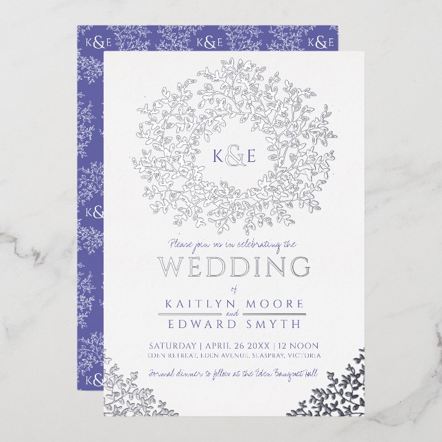 Weißblauer Hochzeitskranz Blätter silber Folieneinladung (Vorderseite/Rückseite)