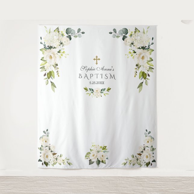 Weißblütentaufen Foto Booth Prop Wandteppich (Vorderseite)