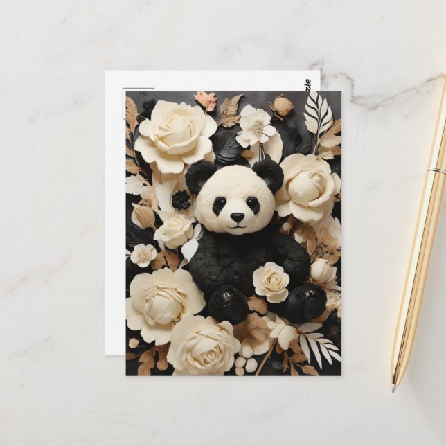 Weißbuch Rose und Panda Bear Valentine Postkarte (Vorderseite/Rückseite Beispiel)