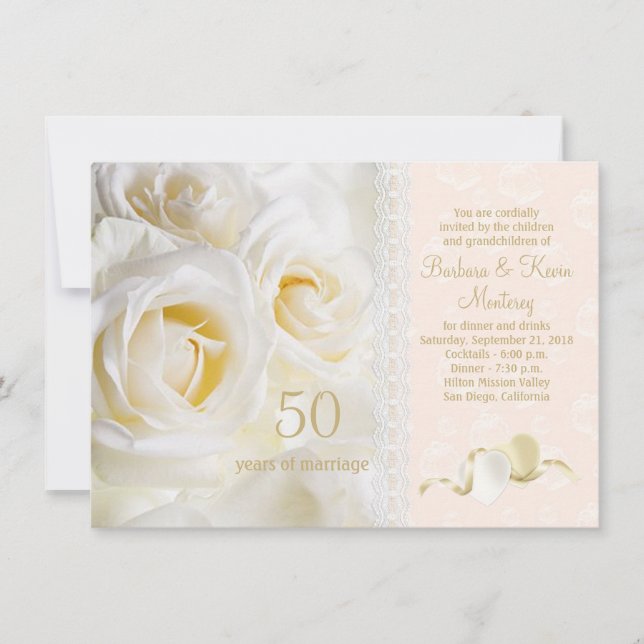 Weißcreme-Rose, Herz 50. Hochzeitstag Einladung (Vorderseite)