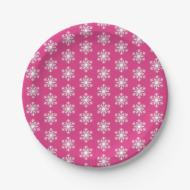 Weiße 3-D-Schneeflocke auf Peppermint Pink Pappteller (Vorderseite)