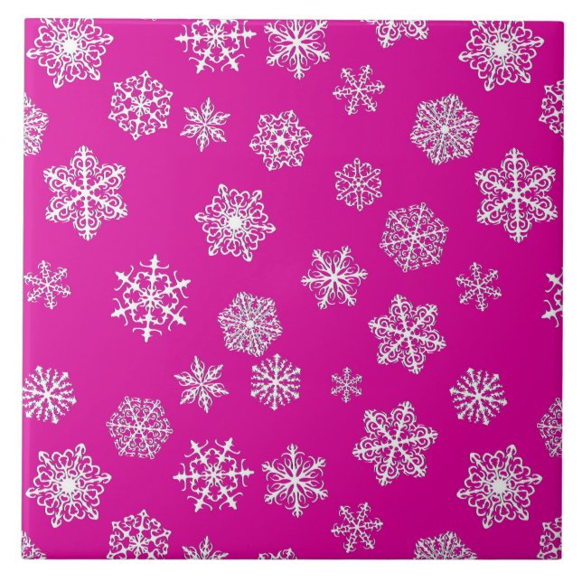 Weiße 3-D-Schneeflocken auf fuchsienrosa Hintergru Fliese (Vorderseite)