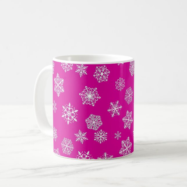 Weiße 3-D-Schneeflocken auf fuchsienrosa Hintergru Kaffeetasse (Vorderseite Links)