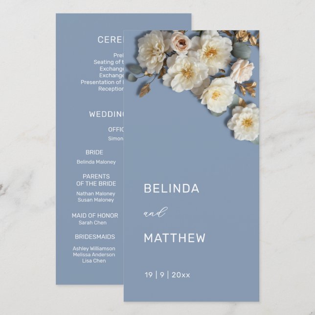 Weiße 3D-Rosen Dusty Blue | Hochzeitsprogramm (Vorne/Hinten)