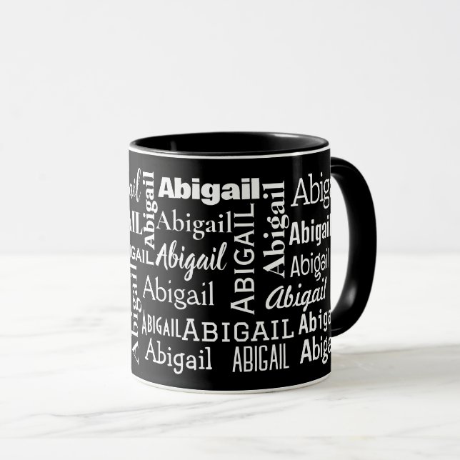Weiße ABIGAIL-Bezeichnung auf schwarz Tasse (VorderseiteRechts)
