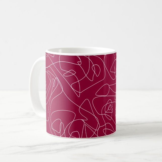 Weiße abstrakte Doodles auf dunkelrotem Hintergrun Kaffeetasse (Vorderseite Links)