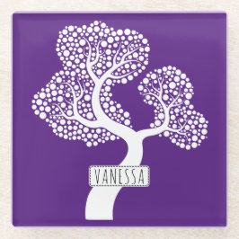 Weiße abstrakte Kreisbaum und Name, königlich lila Glasuntersetzer