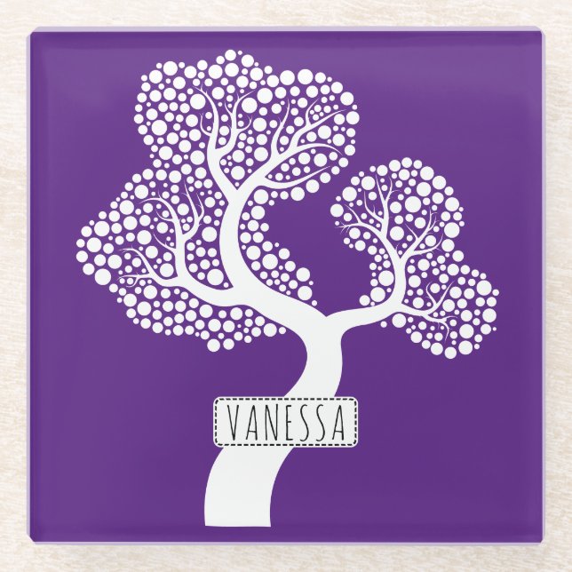 Weiße abstrakte Kreisbaum und Name, königlich lila Glasuntersetzer (Vorderseite)