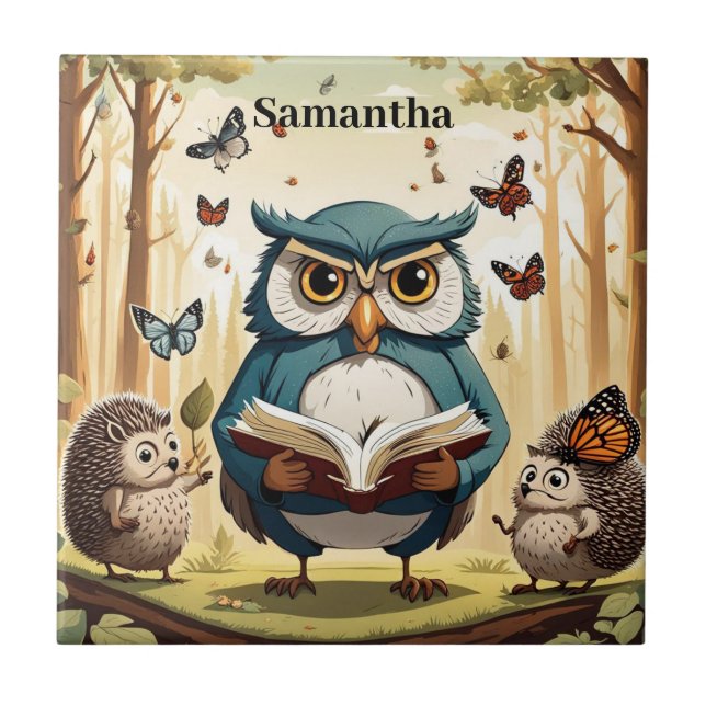 Weiße alte Eule, Schmetterlinge, Igel Editierbarer Fliese (Vorderseite)