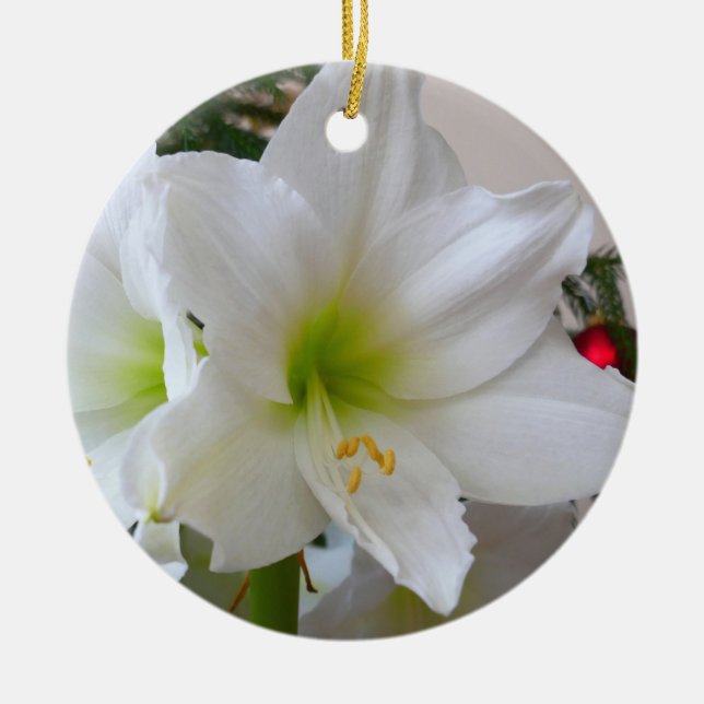 Weiße Amaryllis und Weihnachtsbaum Keramik Ornament (Vorne)