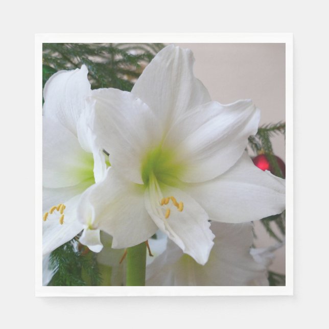 Weiße Amaryllis und Weihnachtsbaum Serviette (Vorderseite)