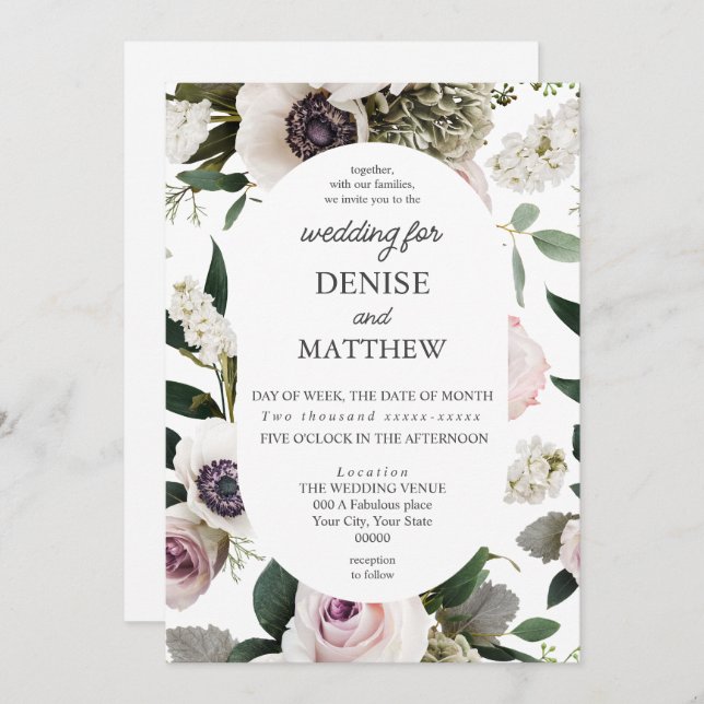 Weiße Anemone auf hellweißer Hochzeit Einladung (Vorne/Hinten)