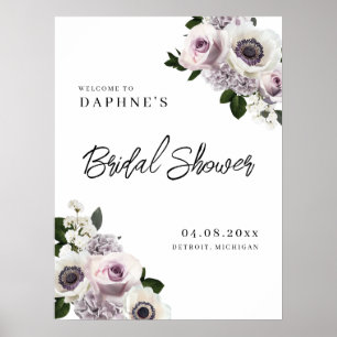 Weiße Anemone und Lila Schwarze Blütendusche Willk Poster