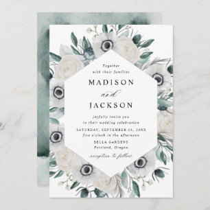 Weiße Anemonen und Rose Blumenhochzeit Einladung