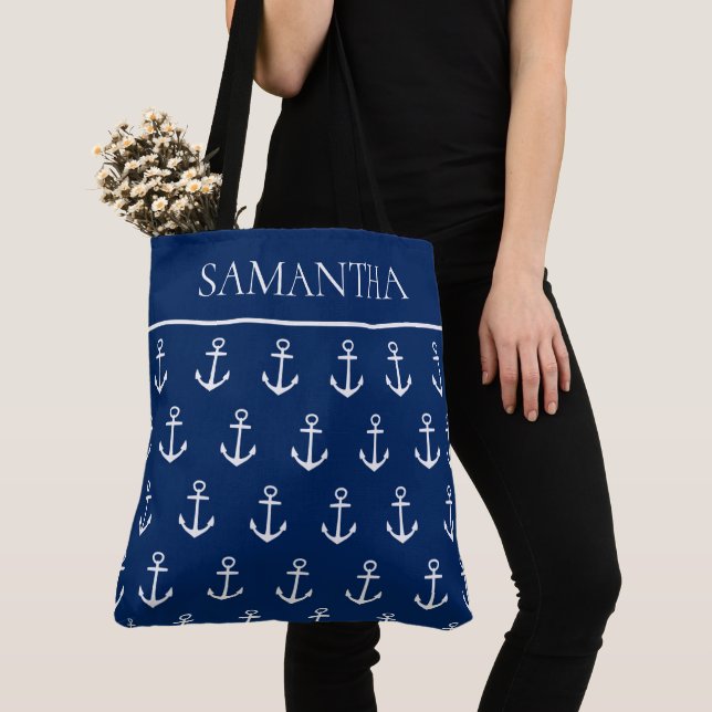 Weiße Anker auf Navy Blue Personalisiert (Von Nahem)