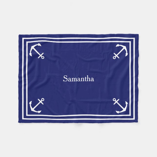 Weiße Anker auf Navy Blue Personalisiert Fleecedecke (Vorderseite (Horizontal))