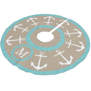 Weiße Anker und aquamarines Seil-Seemonogramm Polyester Weihnachtsbaumdecke