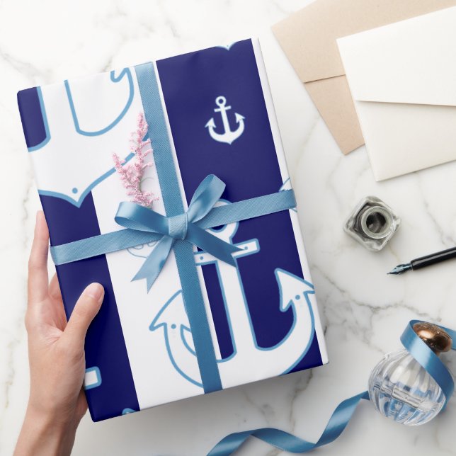 weiße Anker und blaue Streifen, nautisch Geschenkpapier (Schenken)