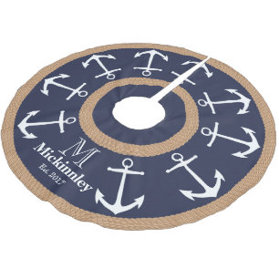 Weiße Anker und Name der braunen Seidenfamilie Polyester Weihnachtsbaumdecke