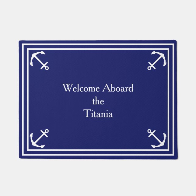 Weiße Ankergrenze auf Navy Blue Custom Small Fußmatte (Vorderseite)