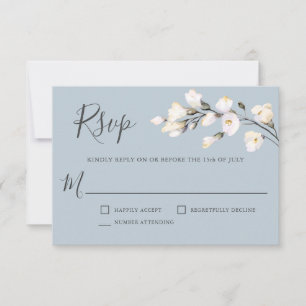 Weiße Aquarellblume auf blauem Hochzeitsstich RSVP Karte
