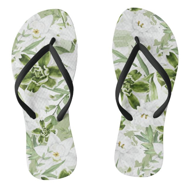Weiße Aquarellblumen 2 Flip Flops (Fußbett)