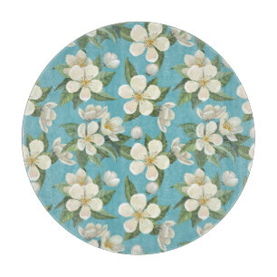 Weiße Aquarellblumen Grüne Blätter Schneidebrett
