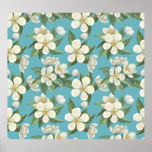 Weiße Aquarellfarben Blume Grüne Blätter Poster