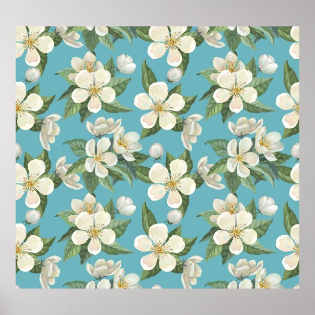 Weiße Aquarellfarben Blume Grüne Blätter Poster (Vorne)