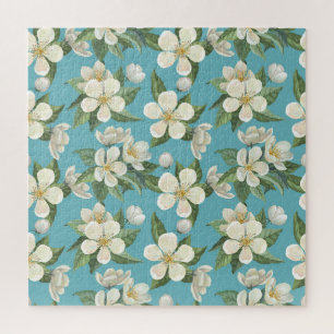 Weiße Aquarellfarben Blume Grüne Blätter Puzzle