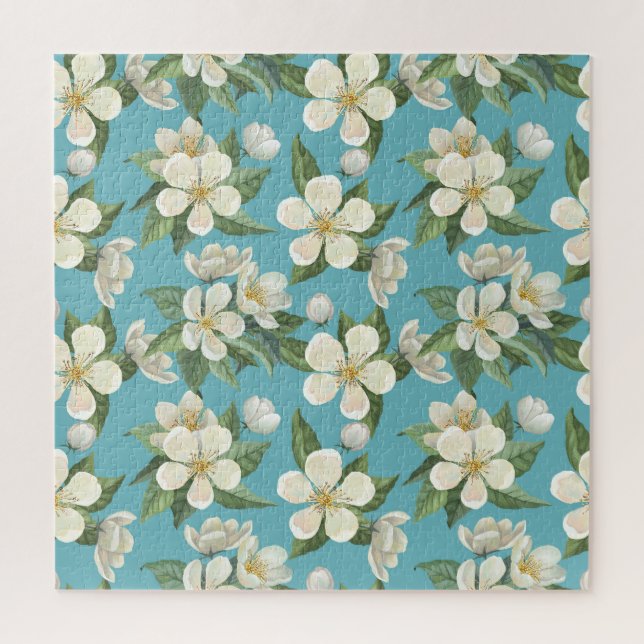 Weiße Aquarellfarben Blume Grüne Blätter Puzzle (Vertikal)
