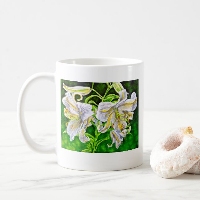Weiße asiatische Lilien-Tasse Kaffeetasse (Mit Donut)
