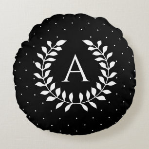 Weiße auf schwarzem Lorbeer-Monogramm-Polka-Punkt- Rundes Kissen
