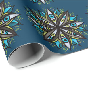 Weiße Augen Mandala Art - Trippy Blume Blue Green Geschenkpapier