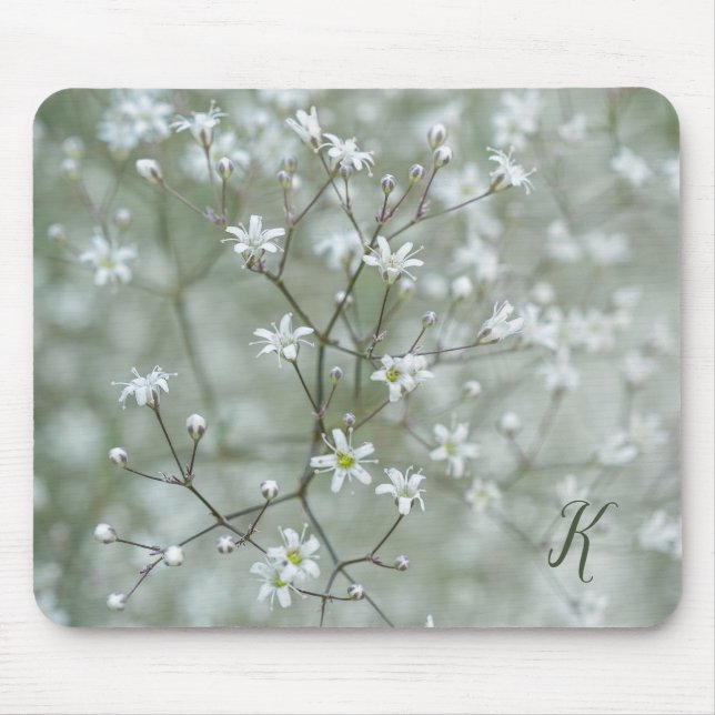 Weiße Baby-Atem-Blumen-Foto mit Monogramm Mousepad (Vorne)