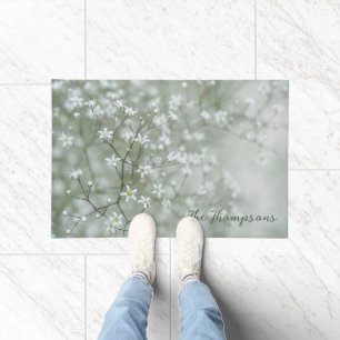 Weiße Baby-Atem-Blumenfotografie mit Namen Fußmatte