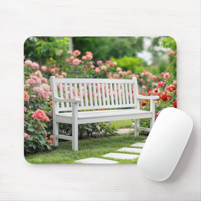 Weiße Bank im Sommer Rose Garten Mousepad (Mit Mouse)