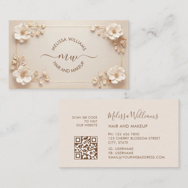 Weiße Beige 3D Blumen Initialen Visitenkarte (Vorne/Hinten)