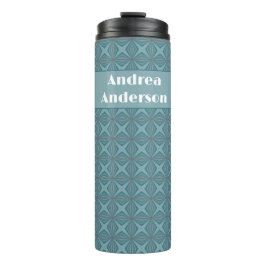 Weiße Bezeichnung auf geometrischem Aquamarin grün Thermosbecher