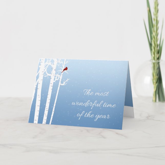 Weiße Birkenbäume, roter Kardinal, Schneefall Feiertagskarte (Vorderseite)