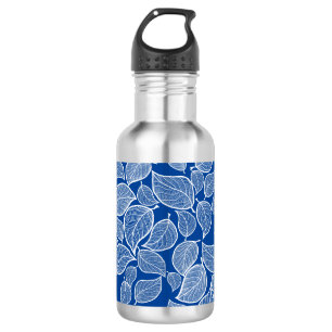 Weiße Blätter auf blau Edelstahlflasche