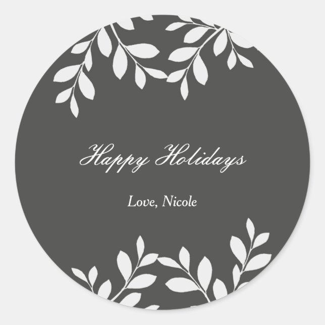 Weiße Blätter & Graue moderne botanische Aufkleber (Vorderseite)