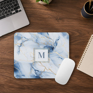 Weiße Blaue Gold Marmor Monogramm Anfangsmauspad Mousepad