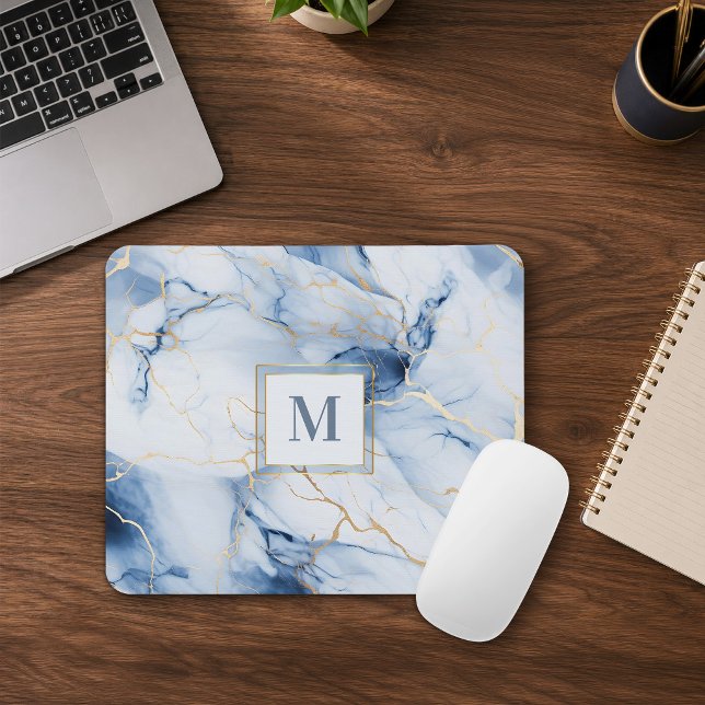 Weiße Blaue Gold Marmor Monogramm Anfangsmauspad Mousepad (Von Creator hochgeladen)