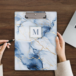 Weiße Blaue Gold Marmor Monogramm Klemmbrett